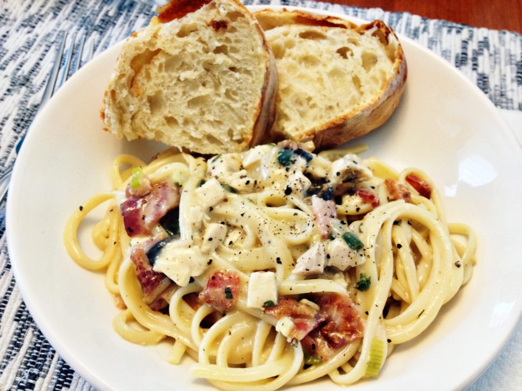 Linguine with a White Wine, Chicken, Bacon and Mushroom Sauce