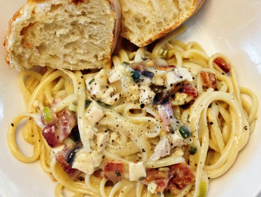 Linguine with a White Wine, Chicken, Bacon and Mushroom Sauce