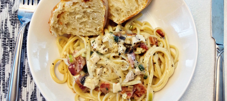 Linguine with a White Wine, Chicken, Bacon and Mushroom Sauce
