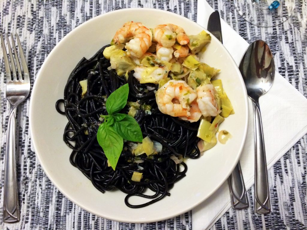 Squid Ink Pasta with Shrimp and Artichokes