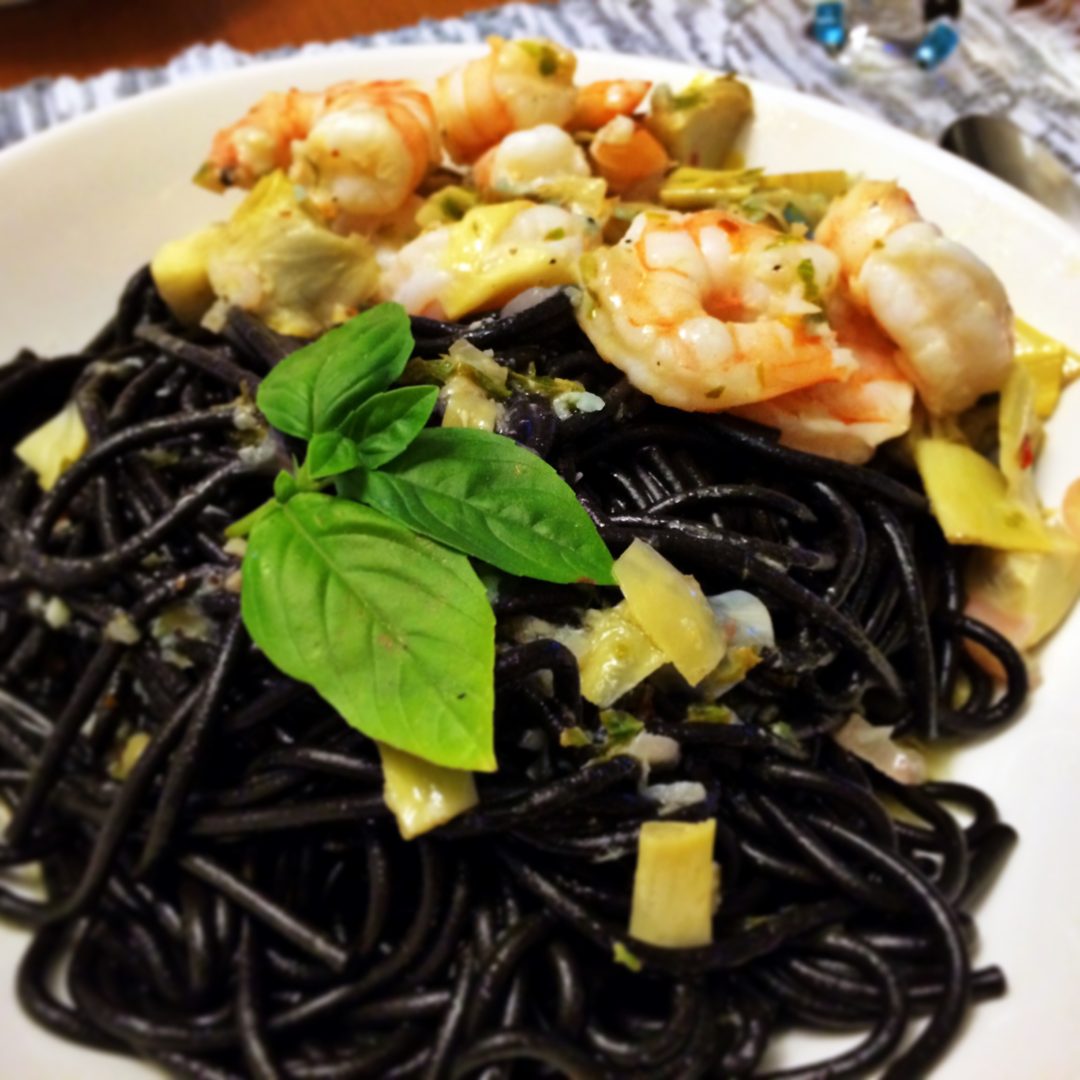 Squid Ink Pasta with Shrimp and Artichokes - The Gourmet Housewife