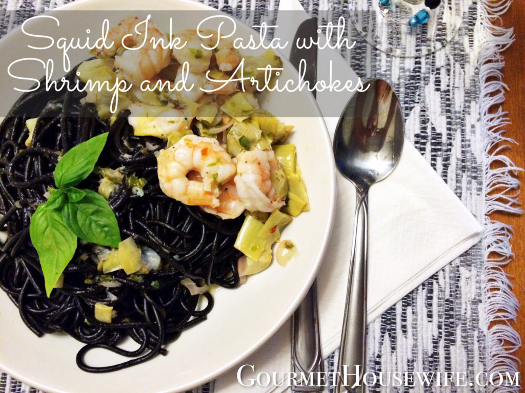 Squid Ink Pasta with Shrimp and Artichokes