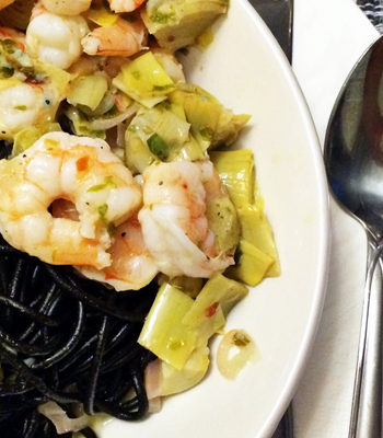 Squid Ink Pasta with Shrimp and Artichokes