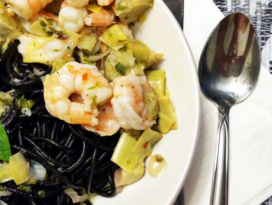 Squid Ink Pasta with Shrimp and Artichokes