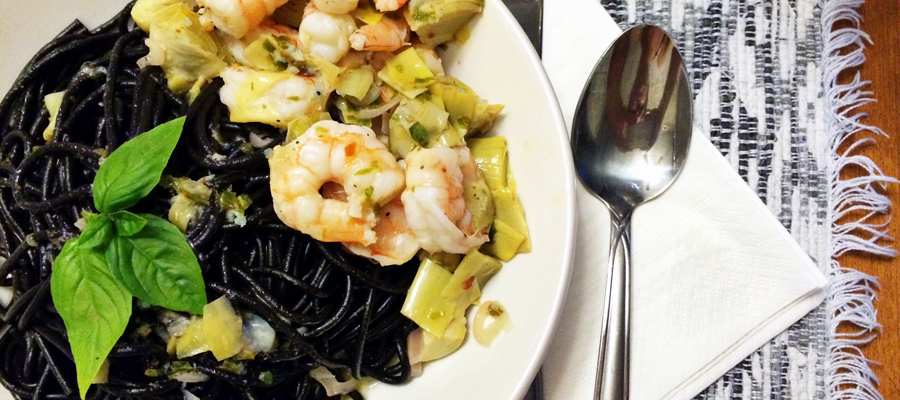 Squid Ink Pasta with Shrimp and Artichokes